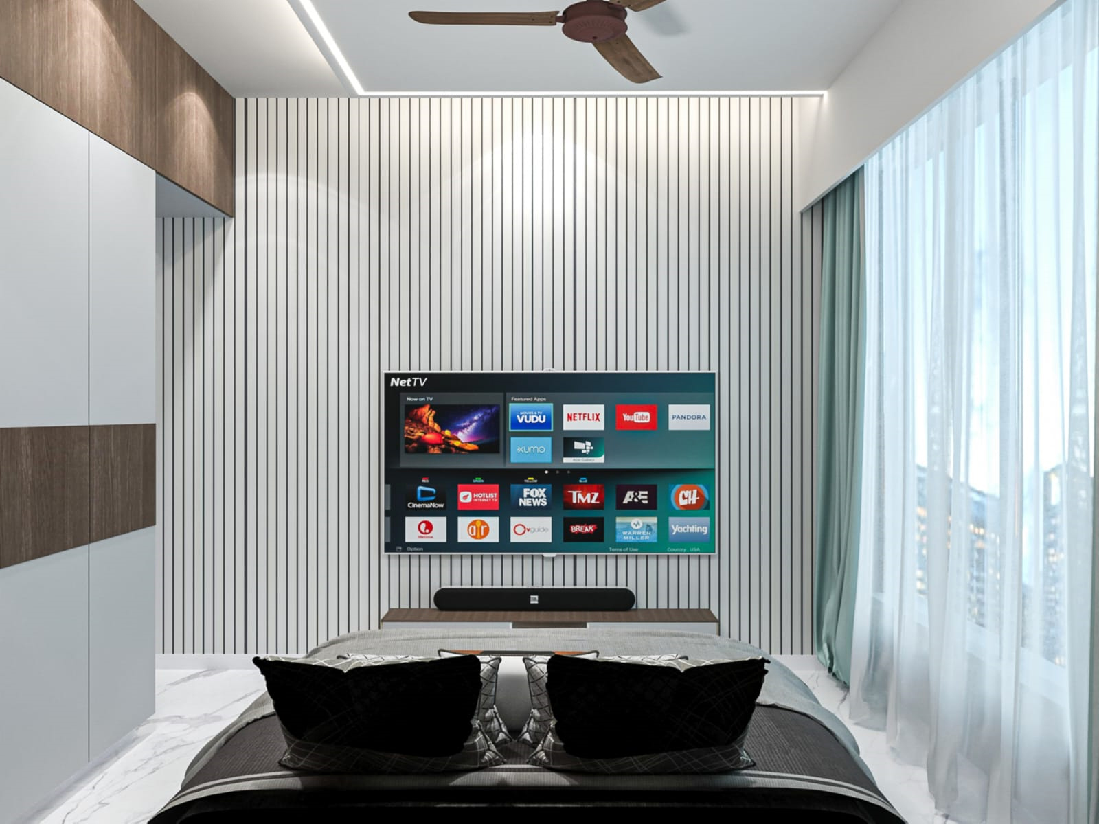 TV wall design in ABERY Apartment master bedroom, Mumbai